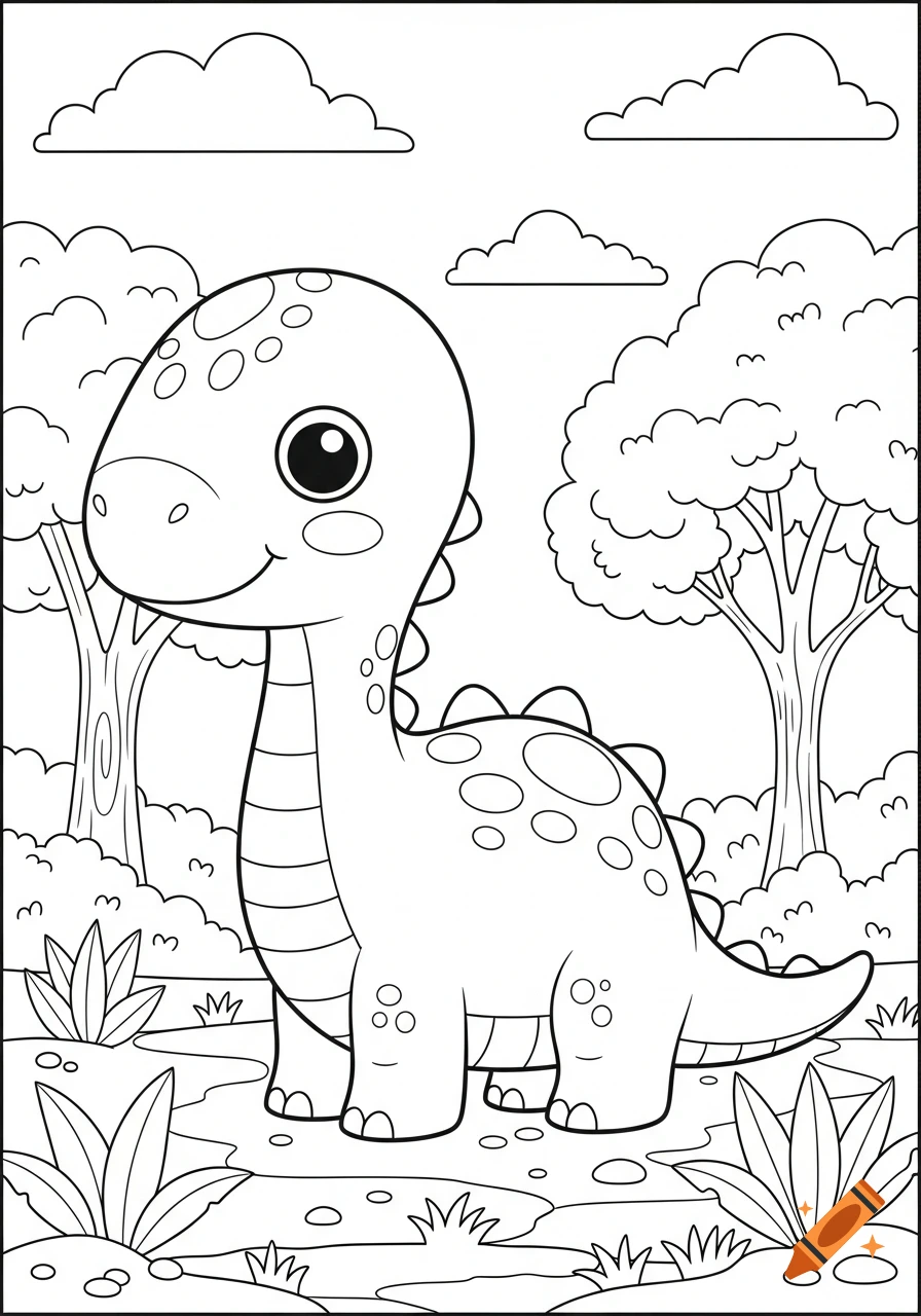 A cute cartoon dinosaur stands in a forest clearing in a black and white coloring book style.