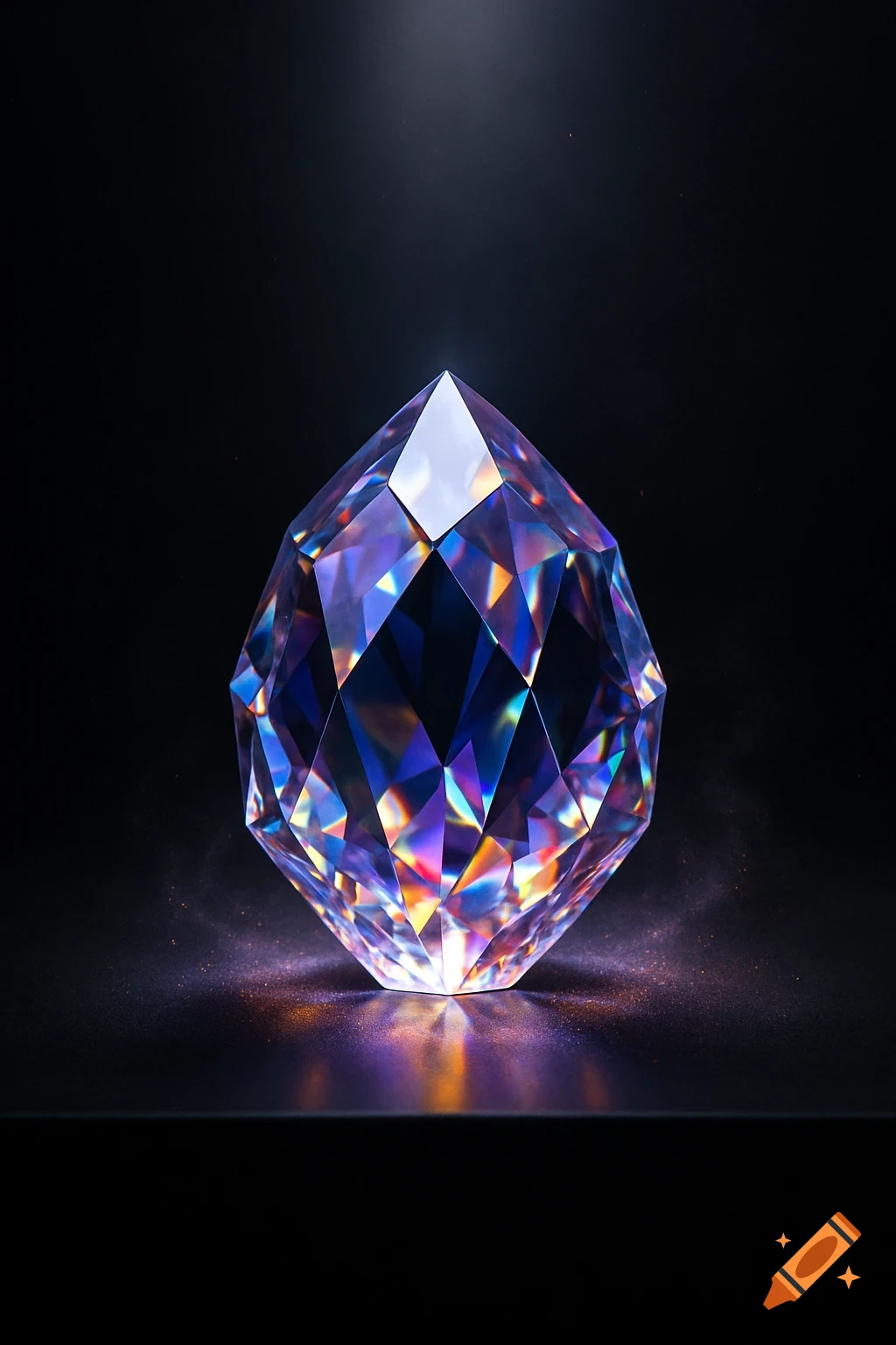 A multifaceted crystal with vibrant rainbow refractions glows on a dark reflective surface against a black background.
