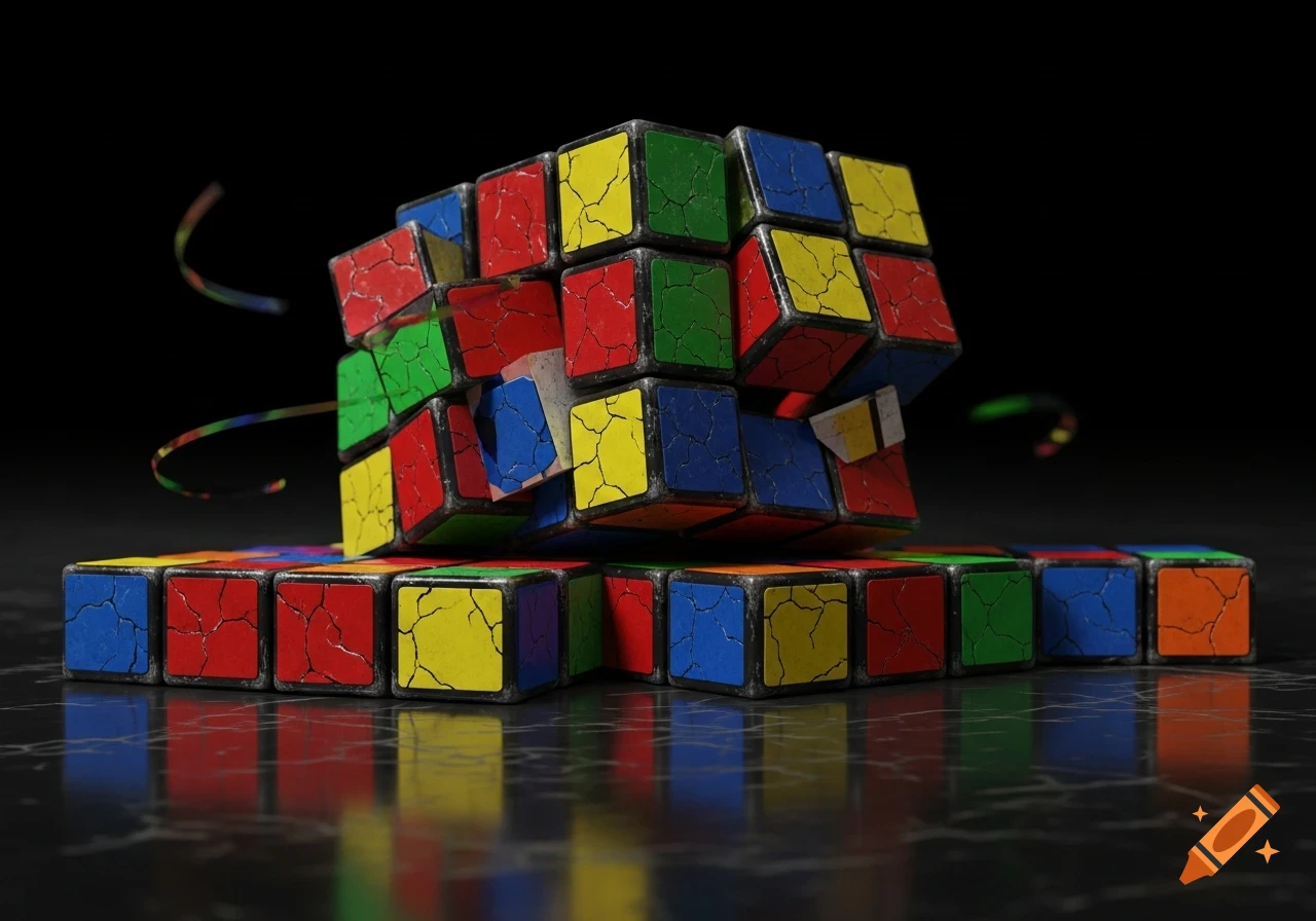 A broken, disassembled Rubik's cube with cracked red, blue, green, and yellow faces on a reflective dark surface.