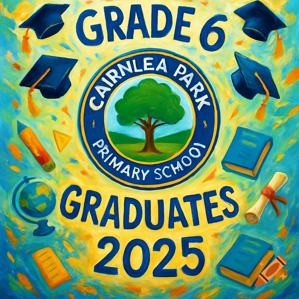 A colorful painting for 'Grade 6 Graduates 2025' from 'Cairnlea Park Primary School', surrounded by graduation caps and school items.