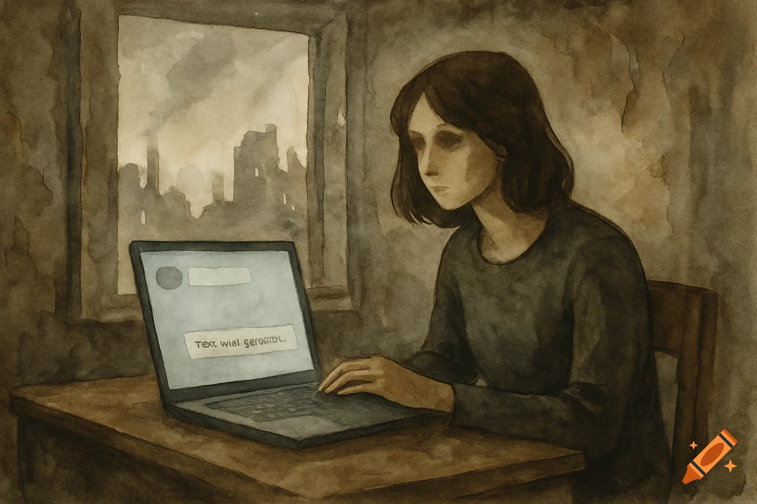 A melancholic woman in watercolor style looks at a laptop screen showing garbled text, with a dystopian city visible outside the window.