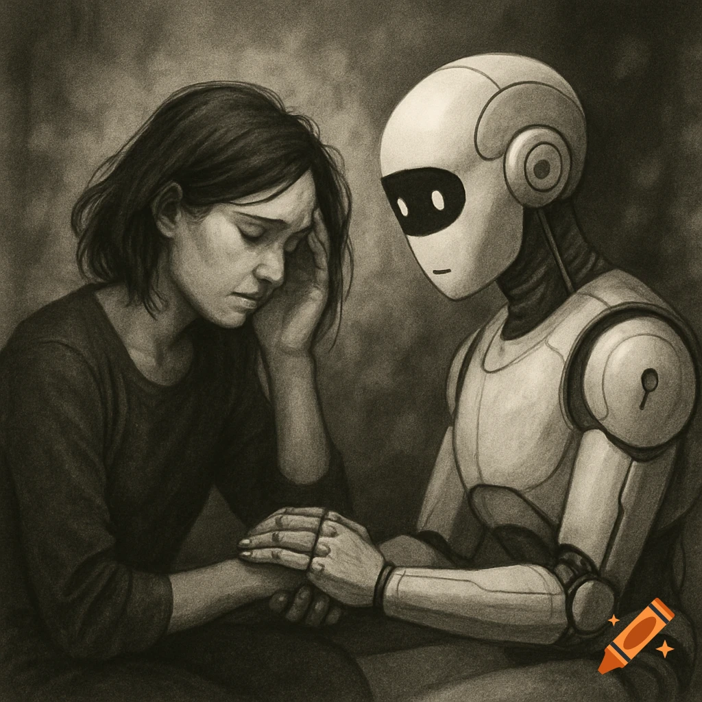A distressed woman holding hands with a robot in a monochromatic drawing style.
