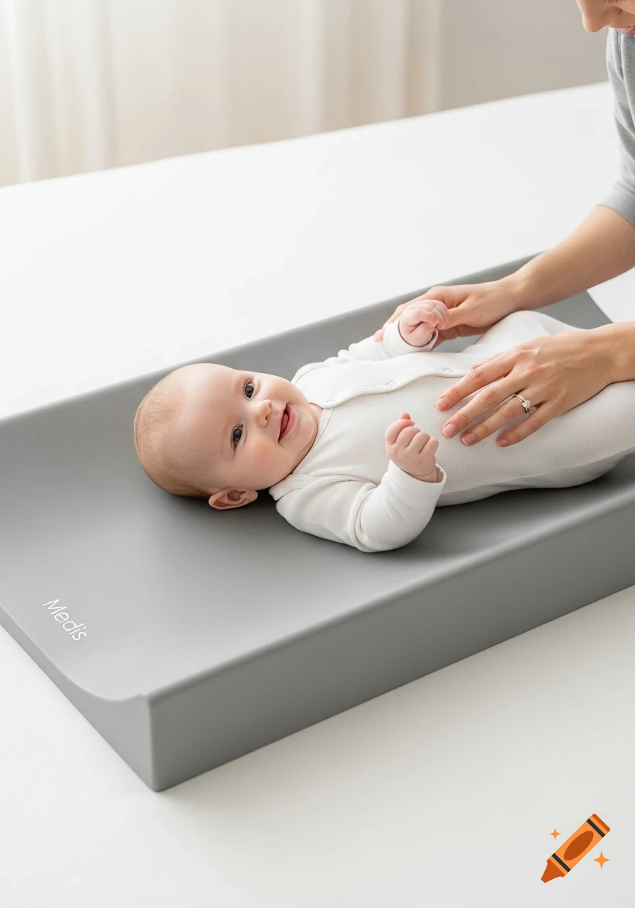 A smiling baby in a white onesie lies on a gray changing mat, with an adult's hands gently touching him. Photorealistic.