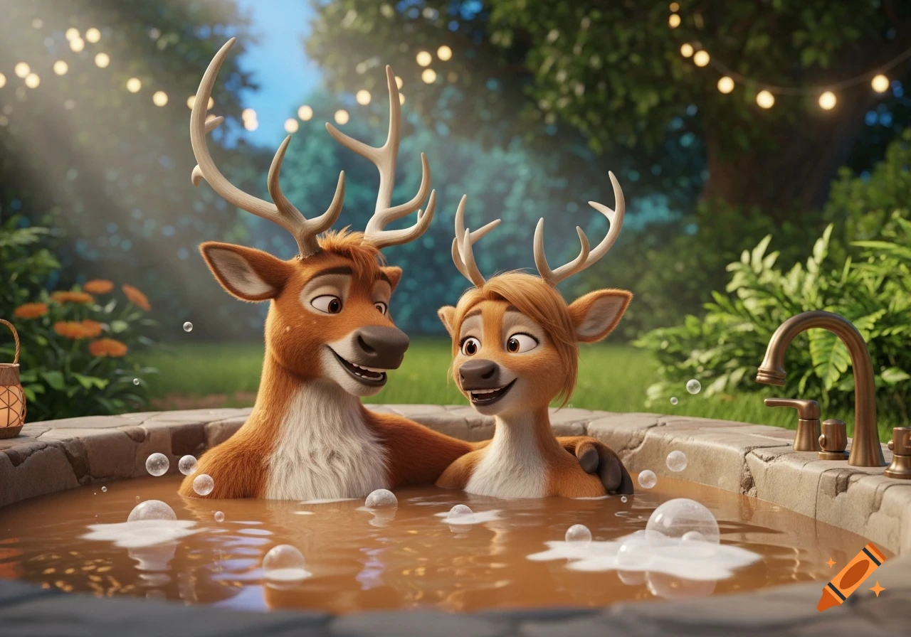 A smiling male and female anthropomorphic deer couple relax in a bubbly mud hot tub jacuzzi in a lush garden setting with string lights in 3D animation style.