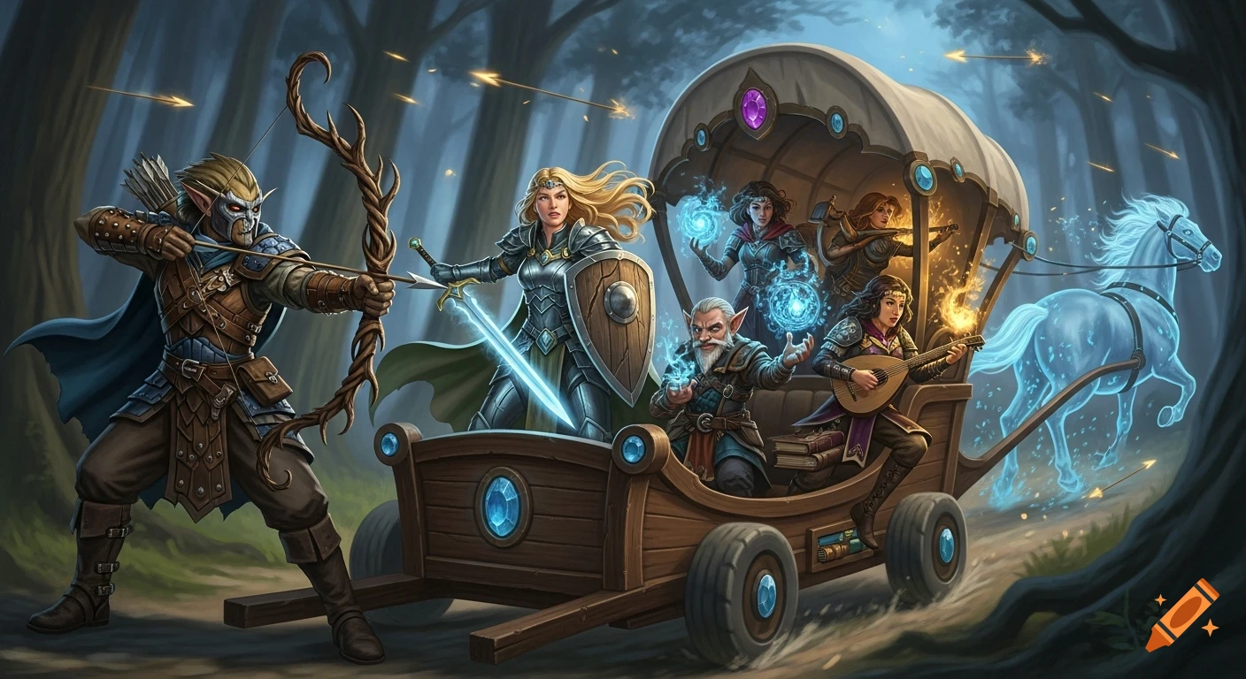 A fantasy party of adventurers in a cart pulled by a glowing horse, fighting enemies in a magical forest.