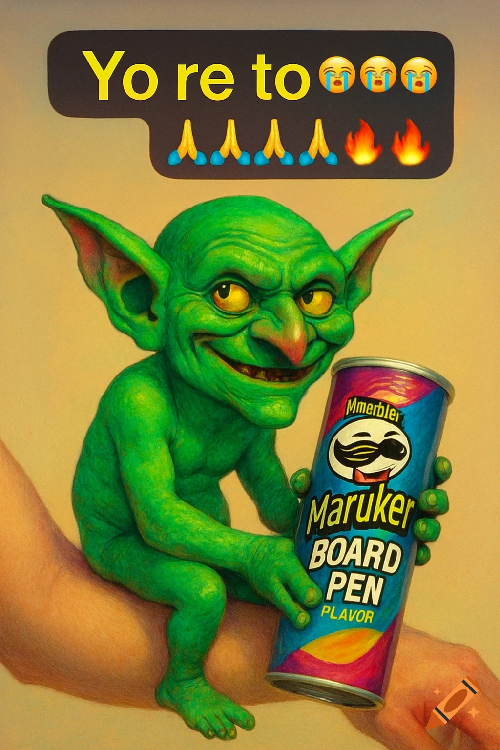 A grinning green goblin with large ears sits on a person's arm, holding a blue can labeled "Maruker Board Pen Plavor," with a Snapchat caption bubble above showing text and emojis.