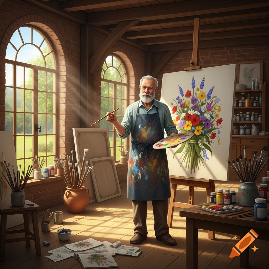 A bearded painter in a paint-splattered apron holds a palette and brush, standing next to an easel with a vibrant floral painting in a sunlit art studio.