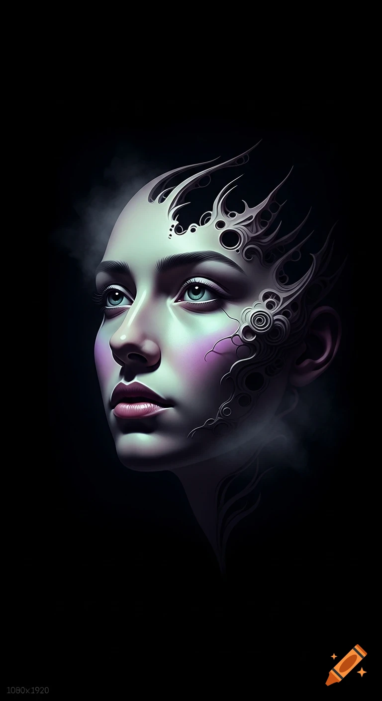 A surreal digital art portrait of a woman's face with abstract ...