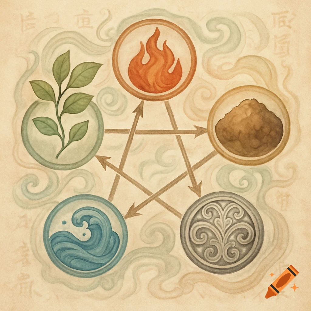 A graphic depicting five circular symbols representing wood, fire, earth, metal, and water, connected by a pentagram with arrows on a textured background with faint text.
