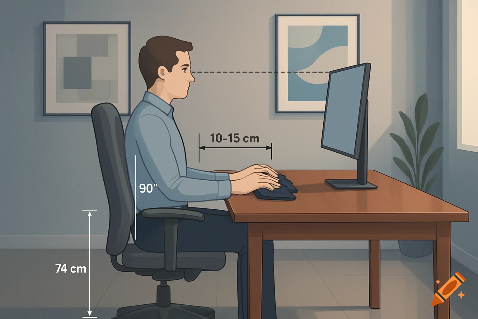 Illustration of a man demonstrating correct ergonomic posture at a computer desk, with measurements and eye-level monitor.