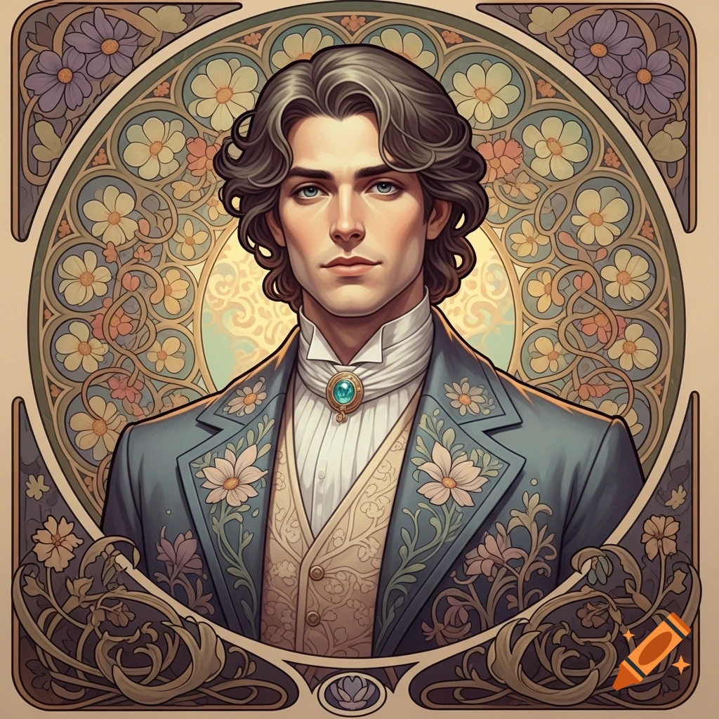 Art Nouveau portrait of a man with wavy hair in an ornate floral suit against a decorative background.