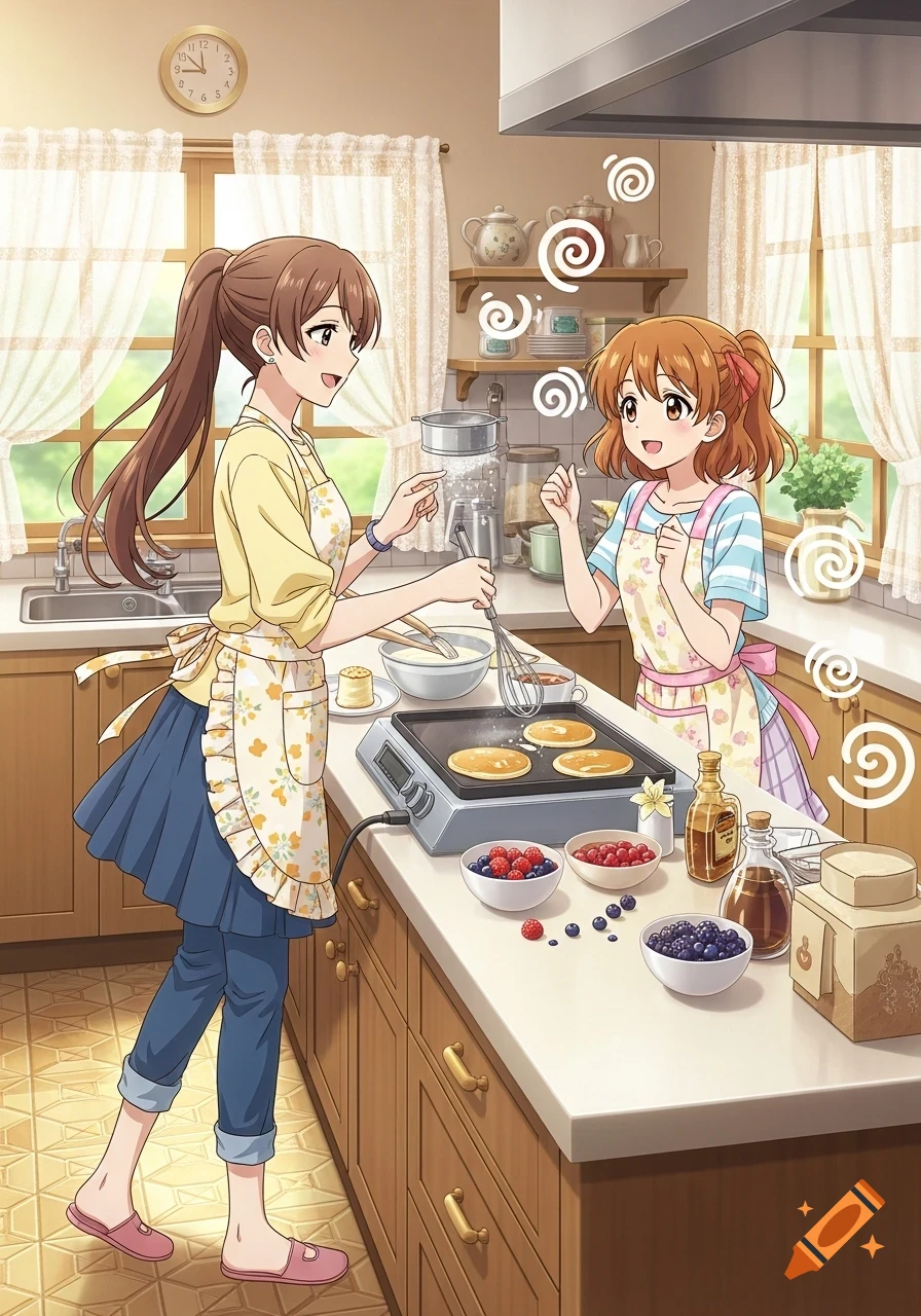 Two anime girls, one with a ponytail and a yellow shirt, the other with shorter orange hair, make pancakes in a kitchen.