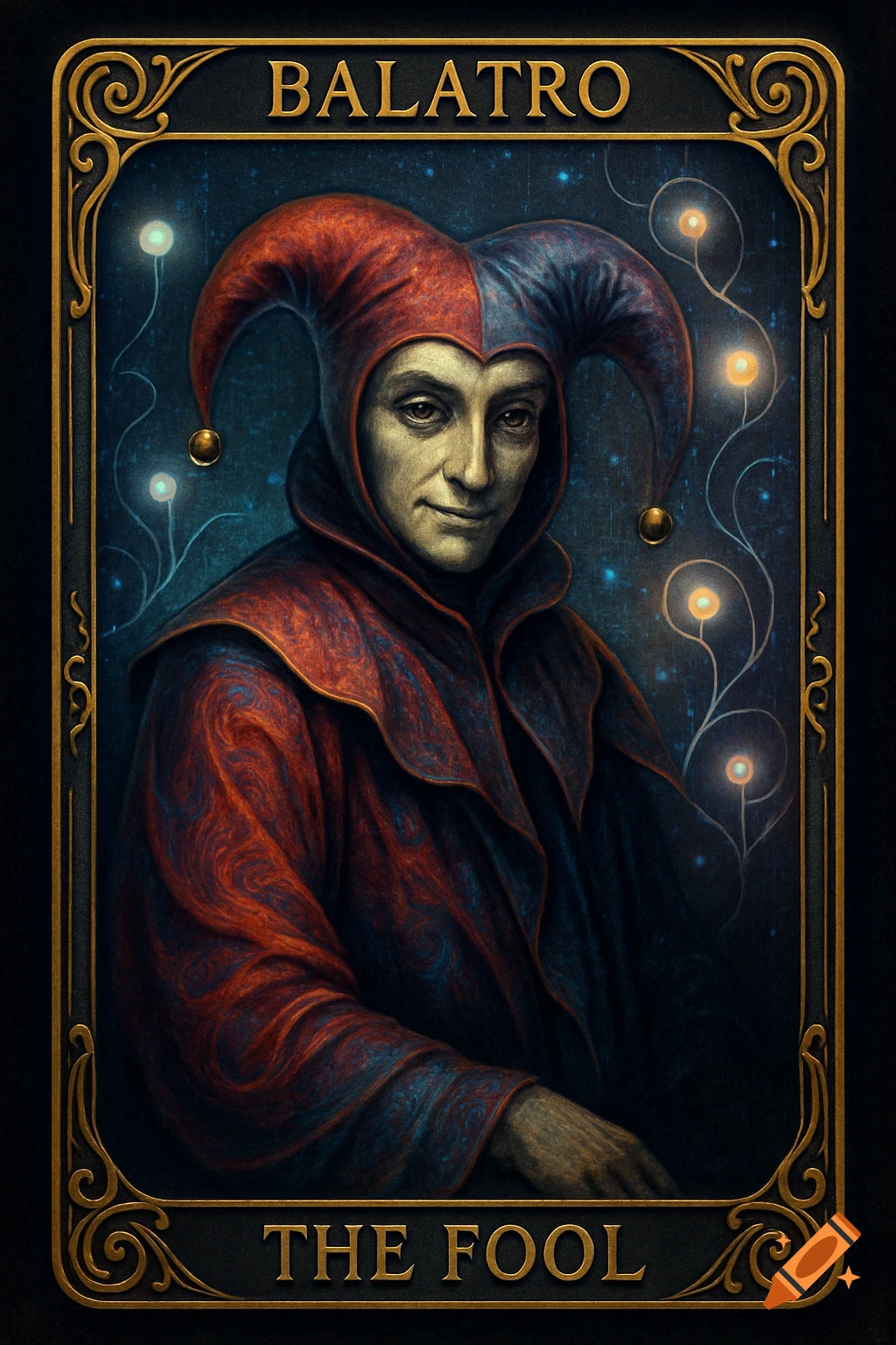 A stylized tarot card depicting a jester-like figure in a red and blue costume and cap, with the text 'BALATRO' at the top and 'THE FOOL' at the bottom, against a dark starry background with glowing orbs.