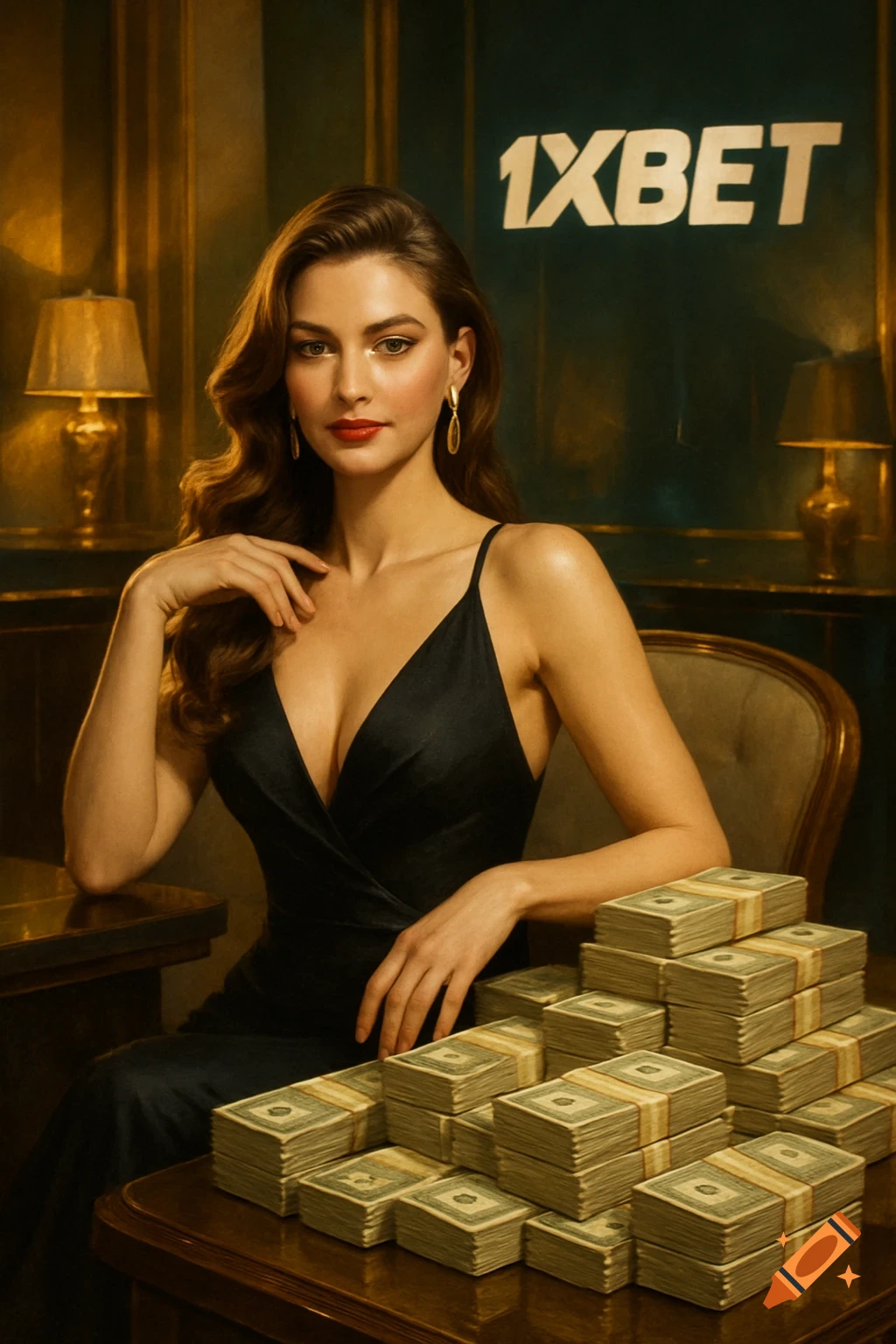 A glamorous woman in a black dress sits at a luxurious table piled with stacks of cash, with a 1XBET logo prominently displayed behind her. Photorealistic.