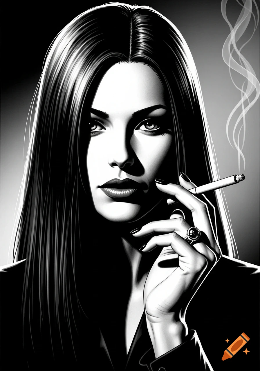 Black and white comic art portrait of a woman with long hair holding a cigarette, with smoke rising.