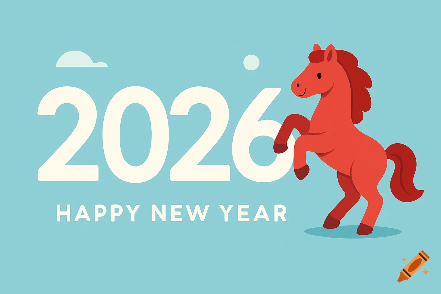 Vector illustration for New Year 2026 with a cute red horse rearing next to large numbers and 'Happy New Year' text on a blue background.