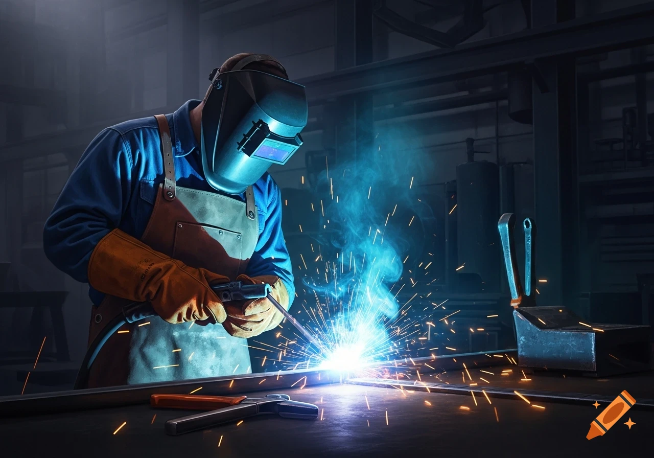 A welder in a blue uniform and protective mask creates bright sparks while working on metal in a dimly lit workshop.