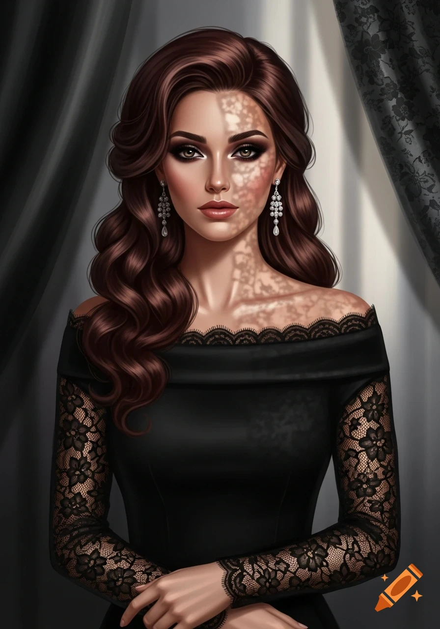 A detailed portrait illustration of a woman with long wavy brown hair ...