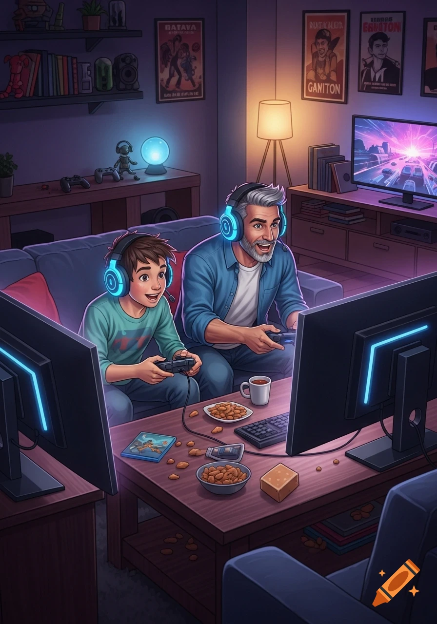 A father and son with headphones enthusiastically play video games together in a cozy, dimly lit room, with snacks on the table.
