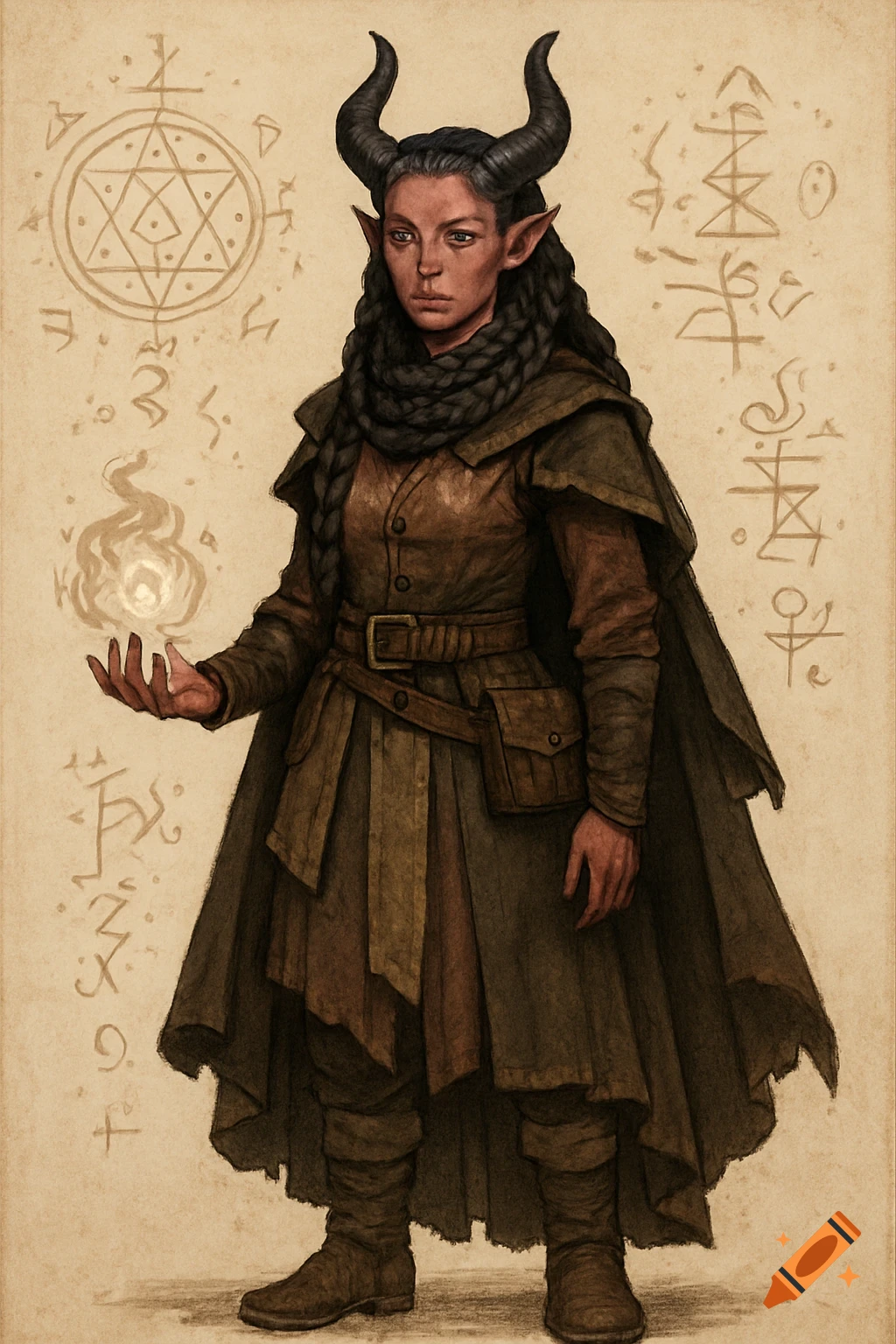 Full-body watercolor of a tiefling woman with dark horns, pointed ears, brown-pink skin, and braided dark hair. She wears brown traveler's clothes and holds a glowing magical flame in her left hand, standing against a beige background with mystical symbols.