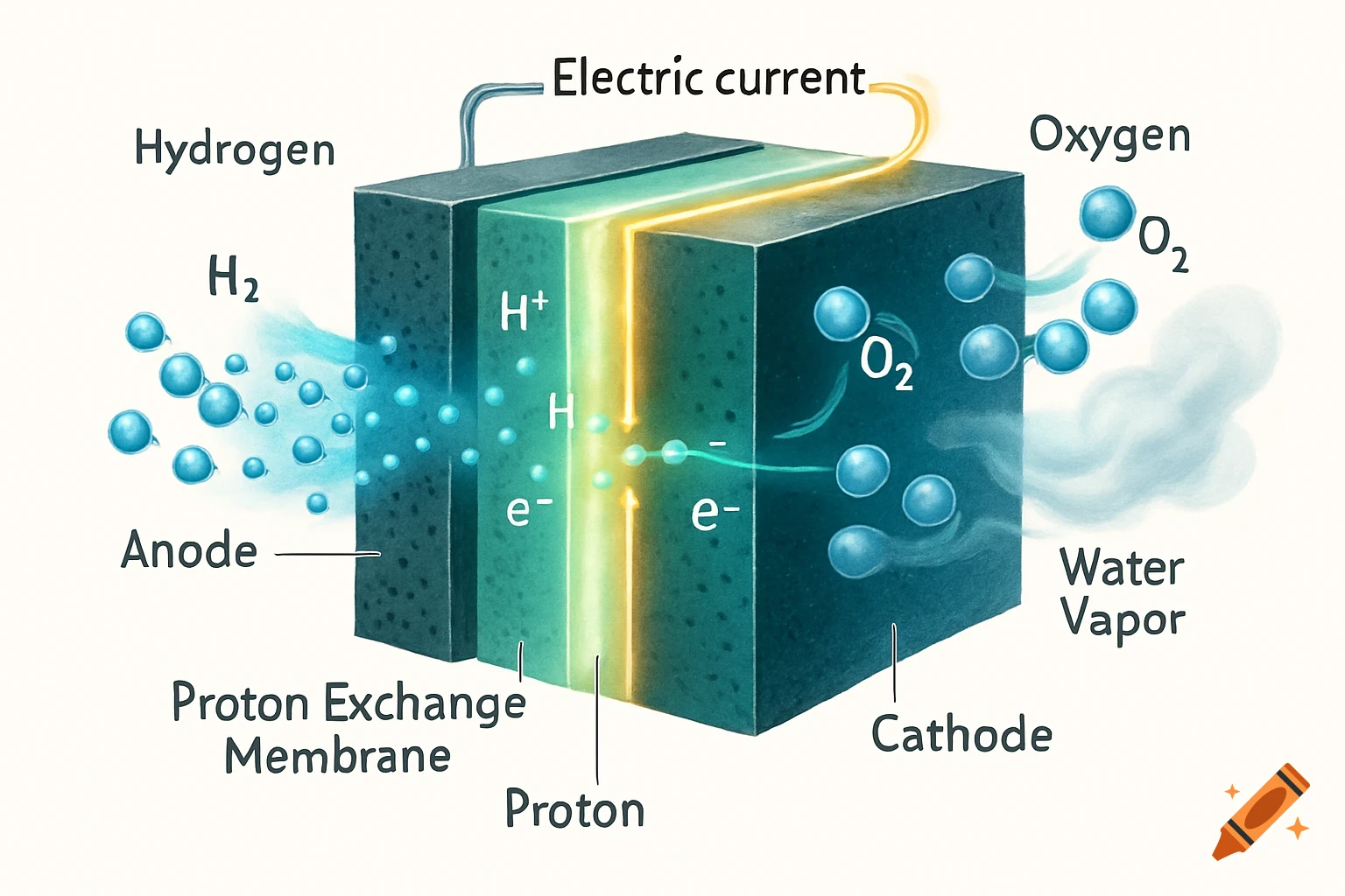 Diagram of a hydrogen fuel cell showing the anode, cathode, proton exchange membrane, and the flow of hydrogen, oxygen, protons, electrons, and water vapor.