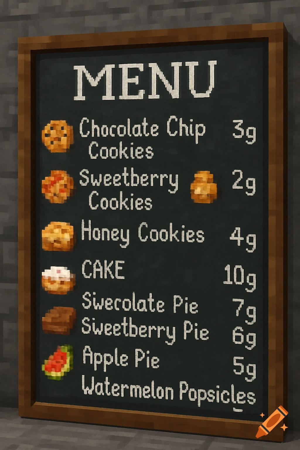 A pixelated Minecraft-style chalkboard menu lists chocolate chip cookies, sweetberry cookies, honey cookies, cake, and various pies with prices.