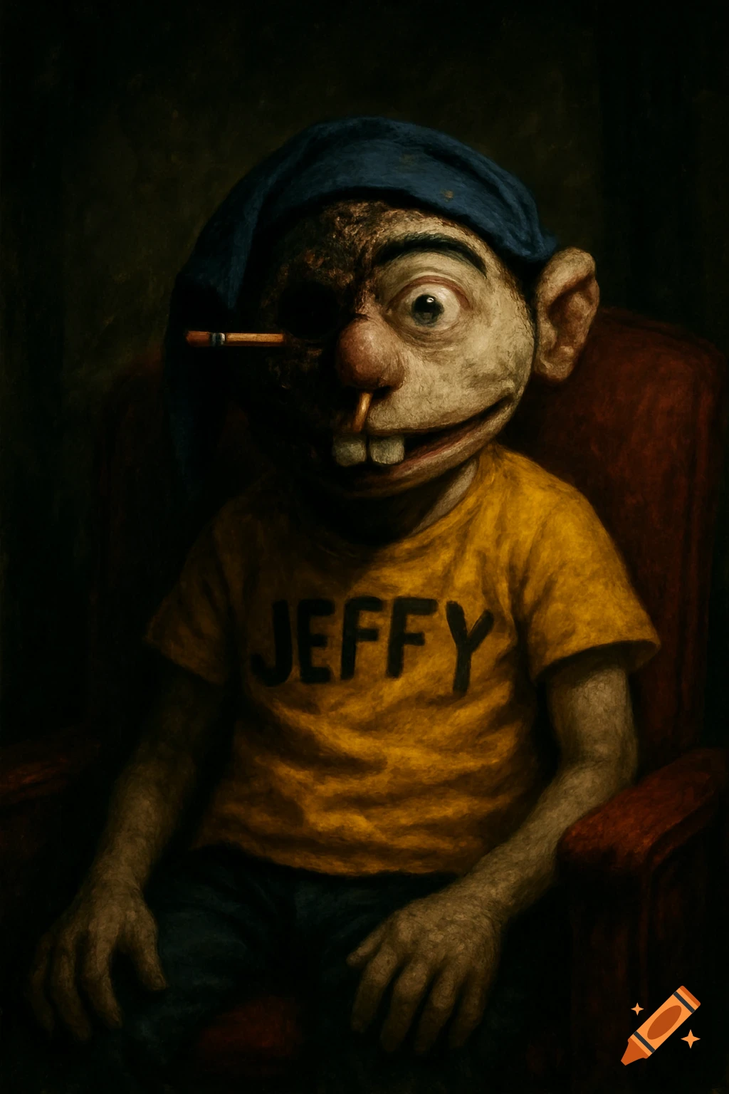 A scary, partially burned puppet named Jeffy with a blue hat and a pencil in its nose sits in a red chair, depicted in a dark, textured painting style.