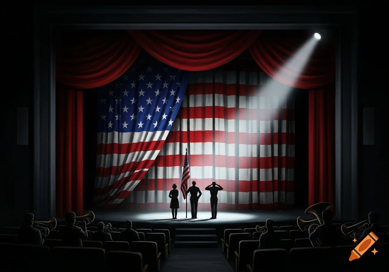 A dark theatre stage with a large American flag curtain, spotlighting three silhouetted figures, one saluting. Silhouetted musicians are in the foreground.