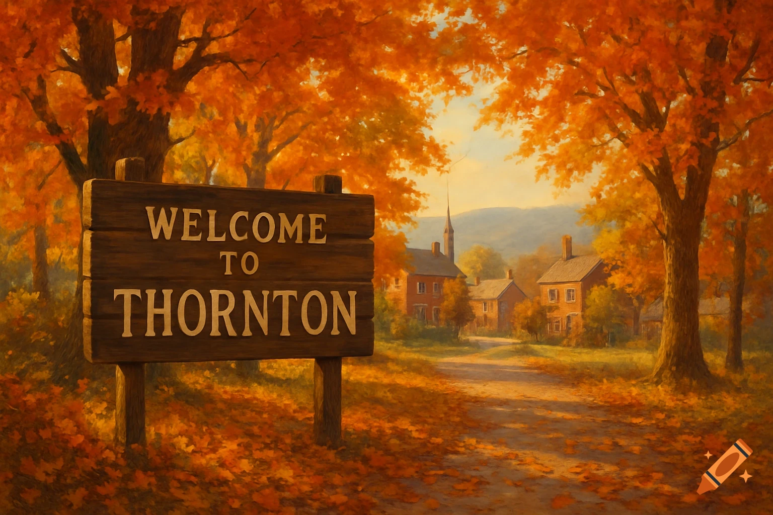 A painterly autumn landscape depicting a 'Welcome to Thornton' sign on a dirt path leading to a small village with colorful fall foliage.