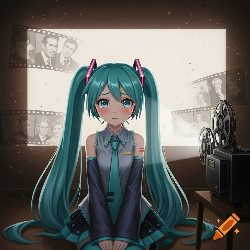 Hatsune Miku crying while sitting on the floor, watching a movie projected onto a screen with film strips.