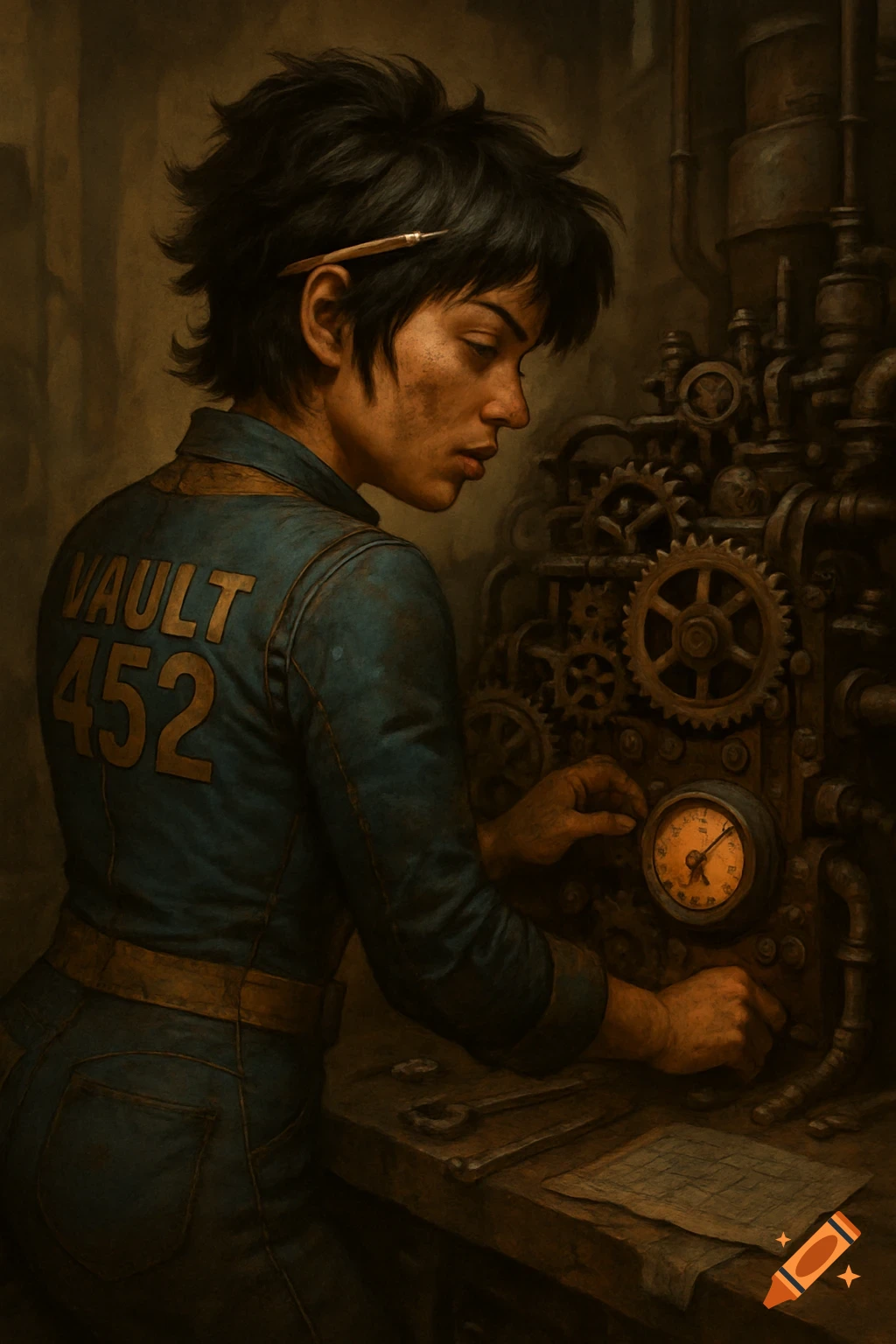 A woman in a blue 'Vault 452' uniform with a wolfcut works on a complex, rustic steampunk-style machine, depicted in a detailed painting.