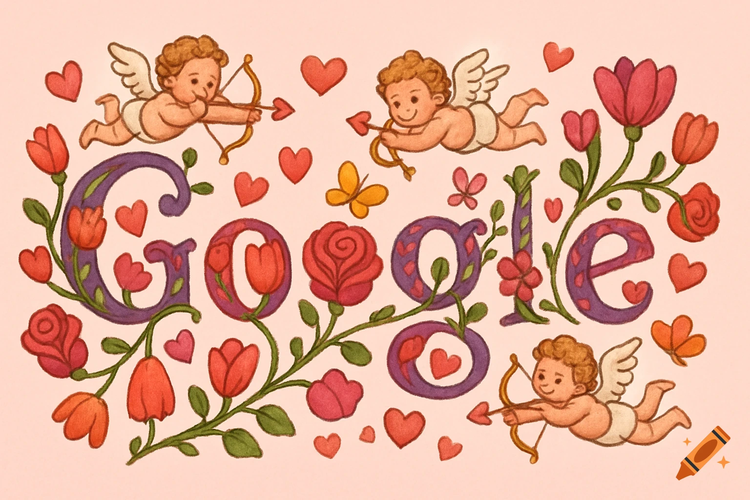 A Valentine's Day Google doodle illustration with 'Google' made of flowers and vines, cupids, hearts, and butterflies on a pink background.