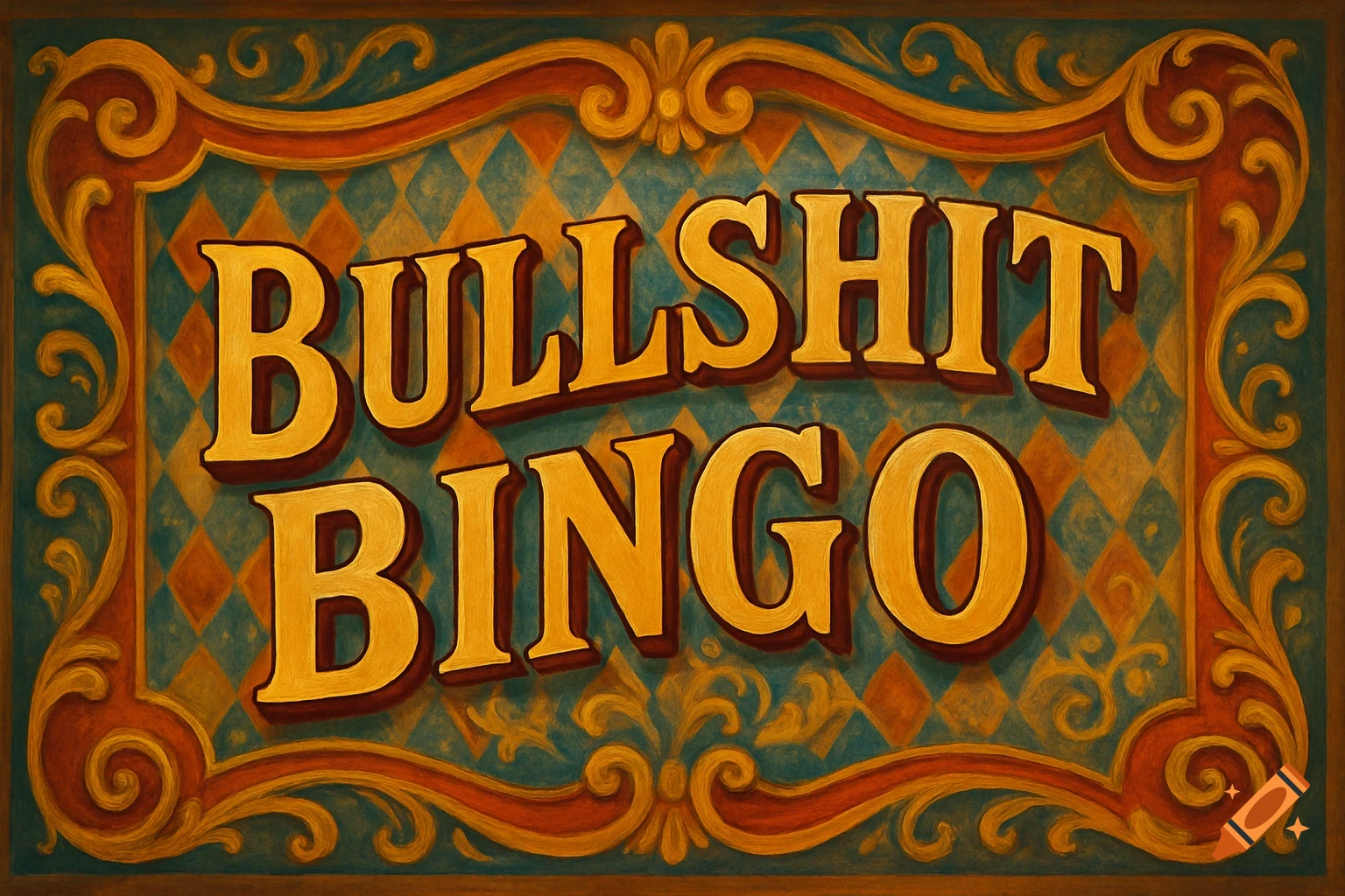 A circus-style banner with ornate golden frame, featuring the text 'BULLSHIT BINGO' on a teal and orange harlequin background.