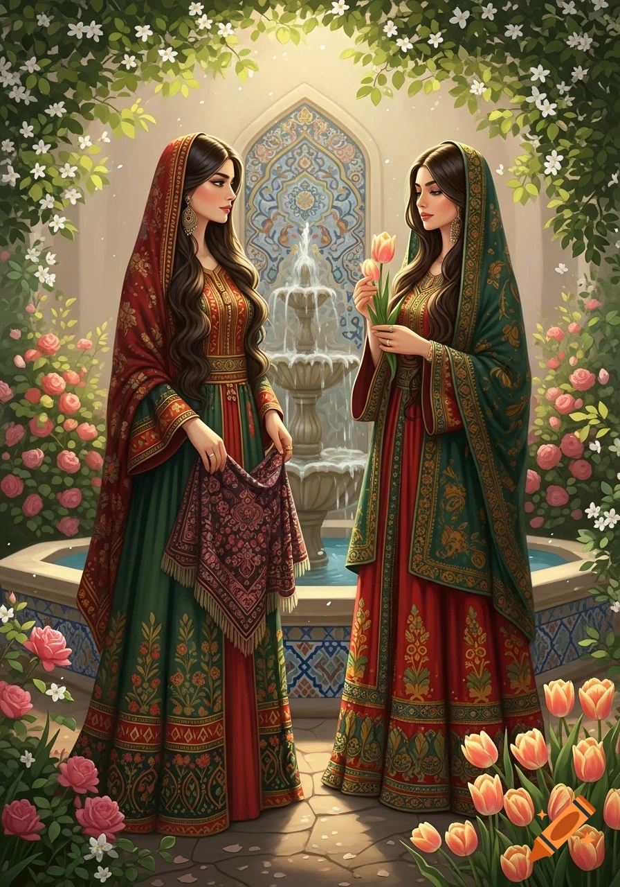 Two women in intricate red and green traditional Persian attire stand in a lush garden with a fountain.