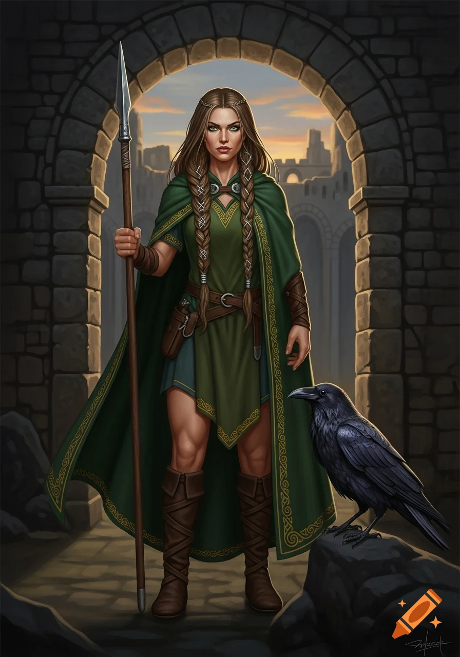 A Celtic warrior woman with long braids and a green cloak, holding a spear, stands under a stone archway with a raven beside her.