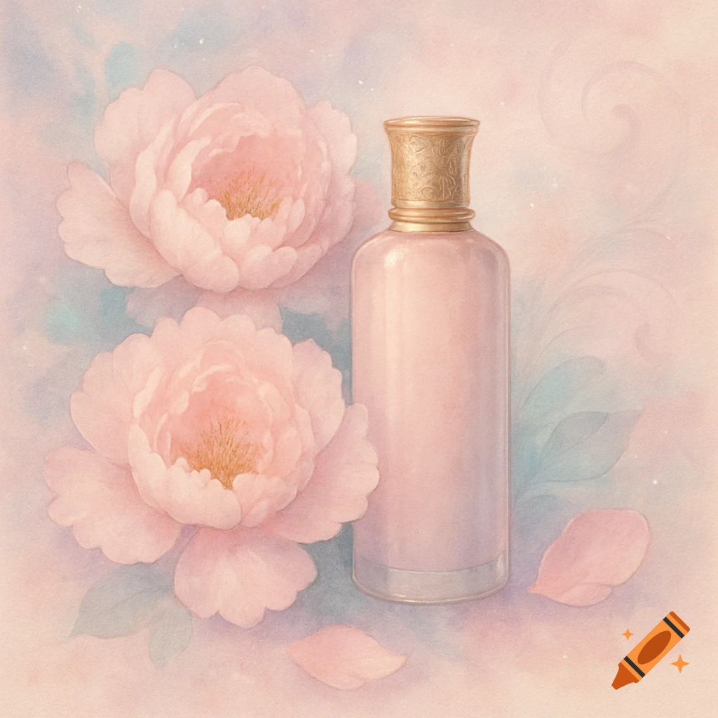 A pink cosmetic bottle next to two light pink peonies, rendered in a soft watercolor style with scattered petals.