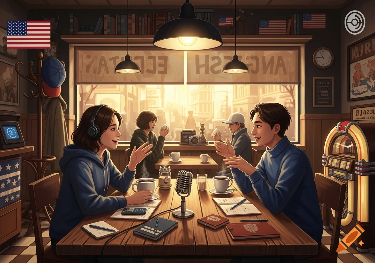 An illustration of two people with headphones and a microphone, recording a podcast in a cozy cafe, with two others conversing in the background.