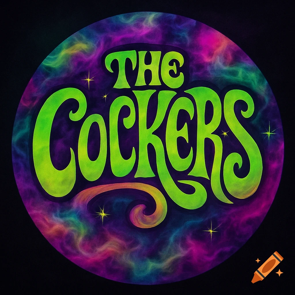 A psychedelic rock band logo featuring "THE COCKERS" in bold, neon green bubble letters on a swirling purple, pink, and green nebula background.