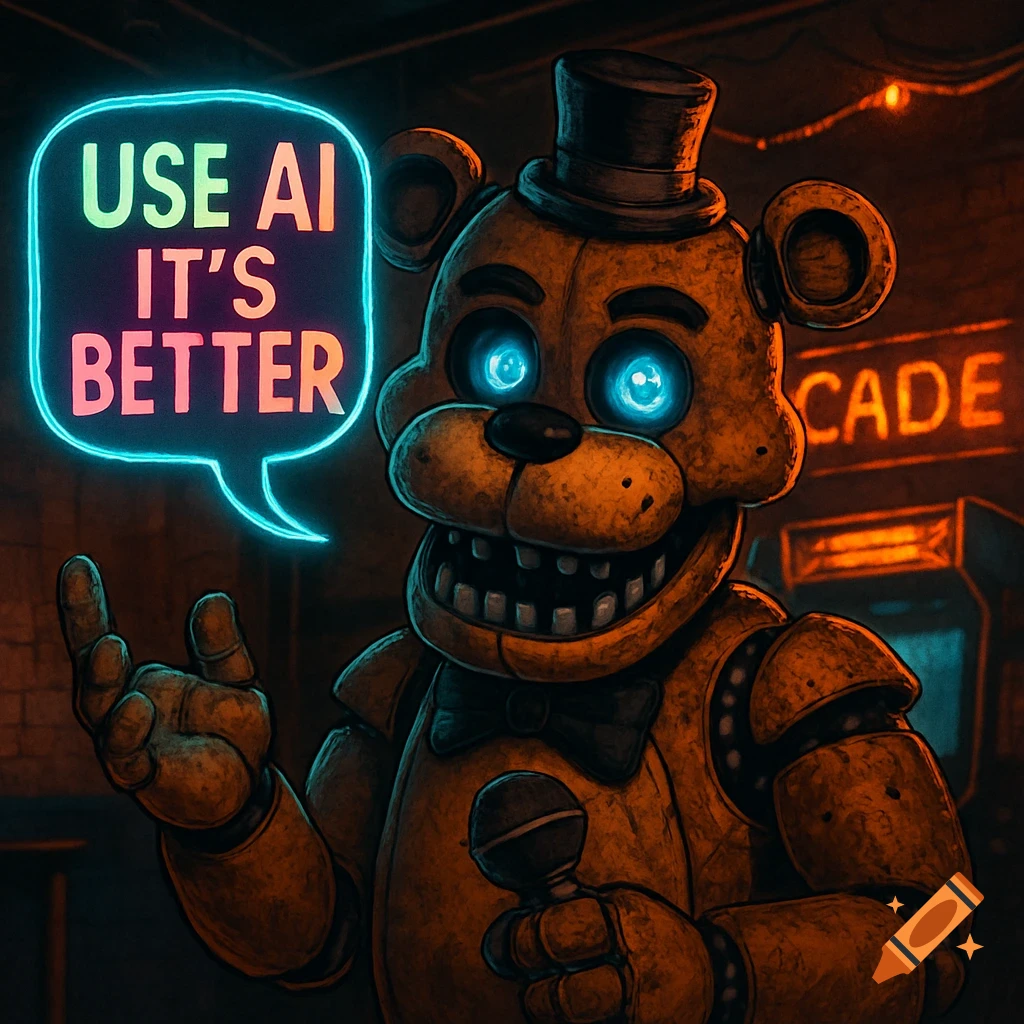 Freddy Fazbear, a brown animatronic bear with glowing blue eyes, holds a microphone in a neon-lit arcade, a speech bubble says 'USE AI IT'S BETTER'.