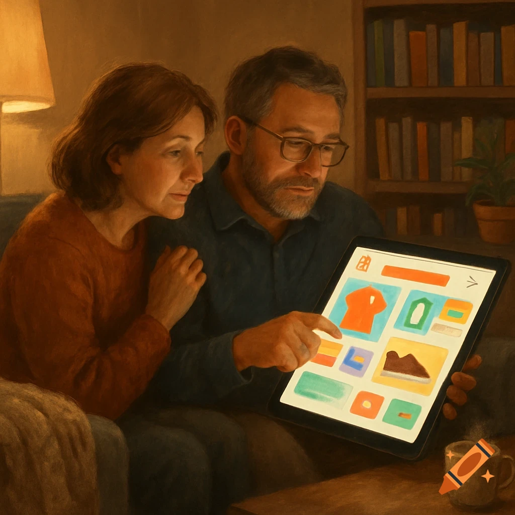 A man and a woman sit on a sofa, looking intently at a tablet displaying a shopping application.