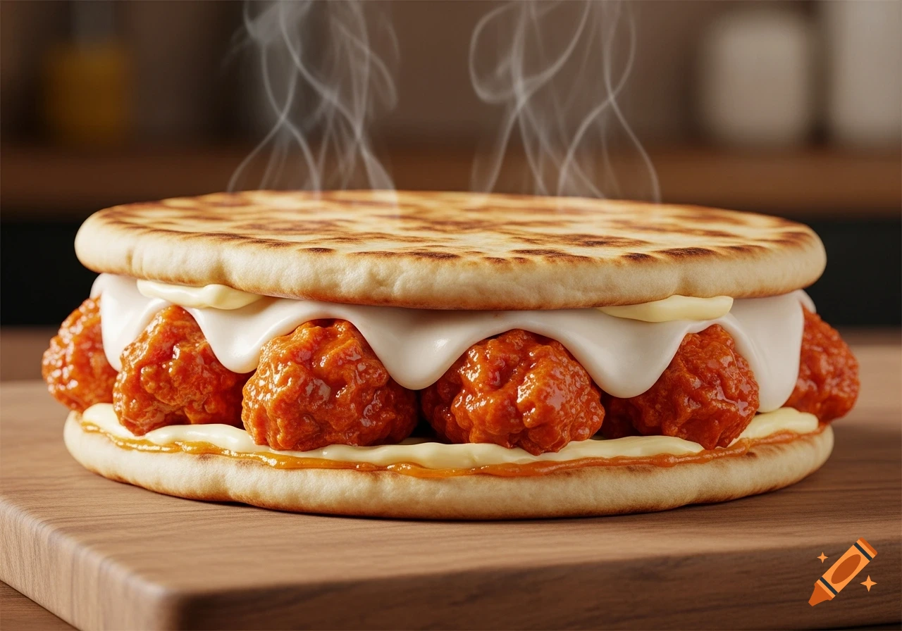 A steaming hot sandwich with flatbread, buffalo wing meatballs, mozzarella, and butter, on a wooden board.