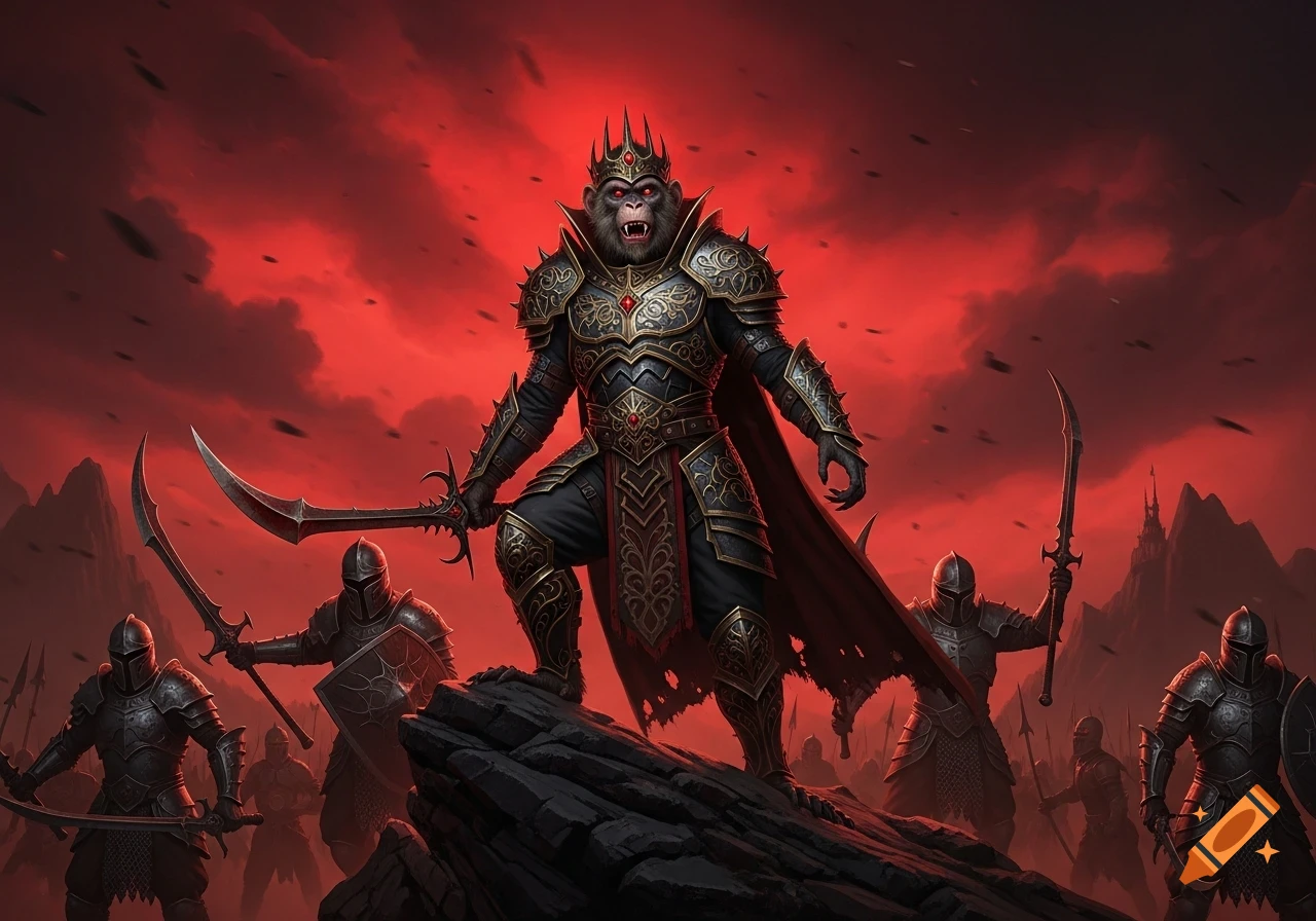 A fanged monkey-king in ornate armor leads an army of warriors on a rocky outcrop under a fiery red sky, dark fantasy art.