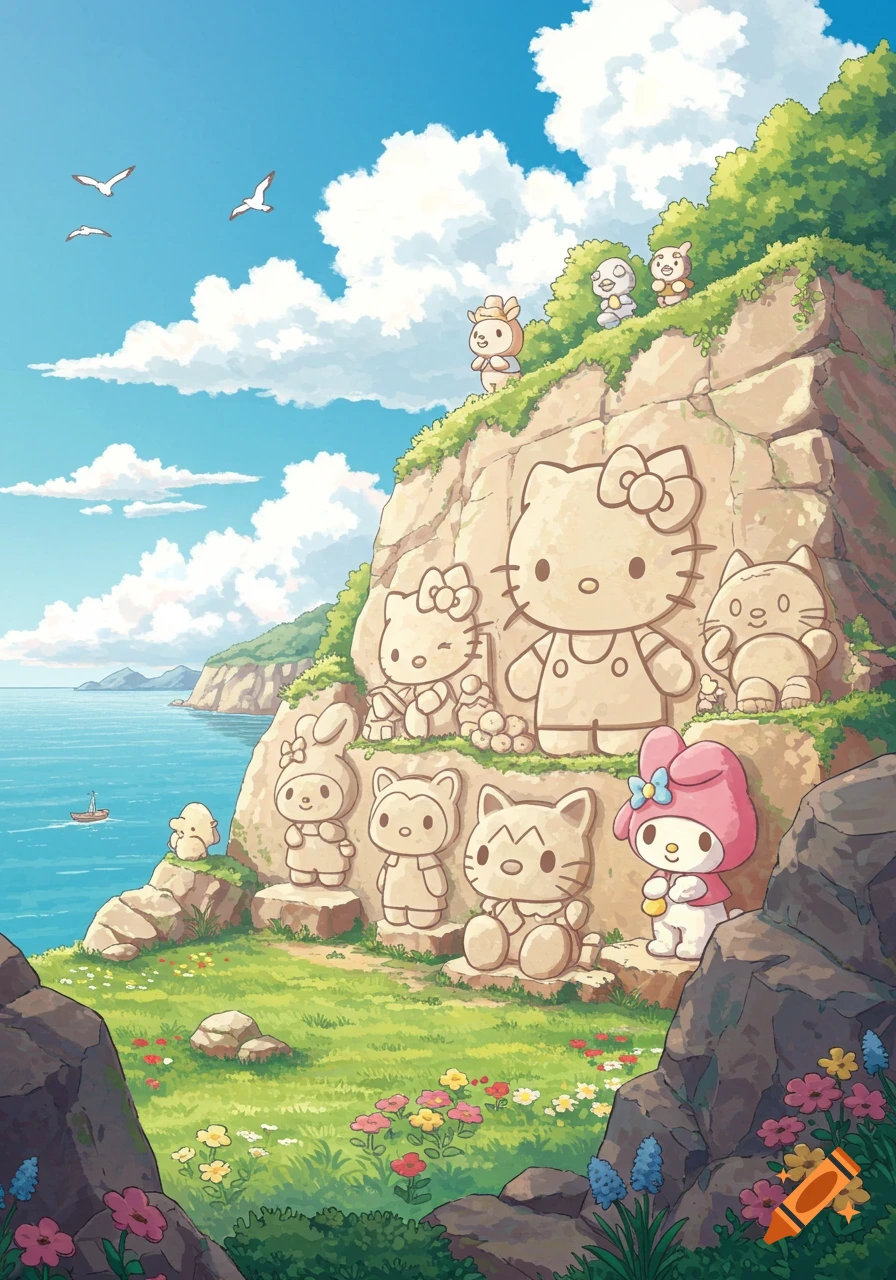 Illustration of Hello Kitty and other Sanrio characters carved into a lush green cliffside overlooking a blue ocean with a boat.