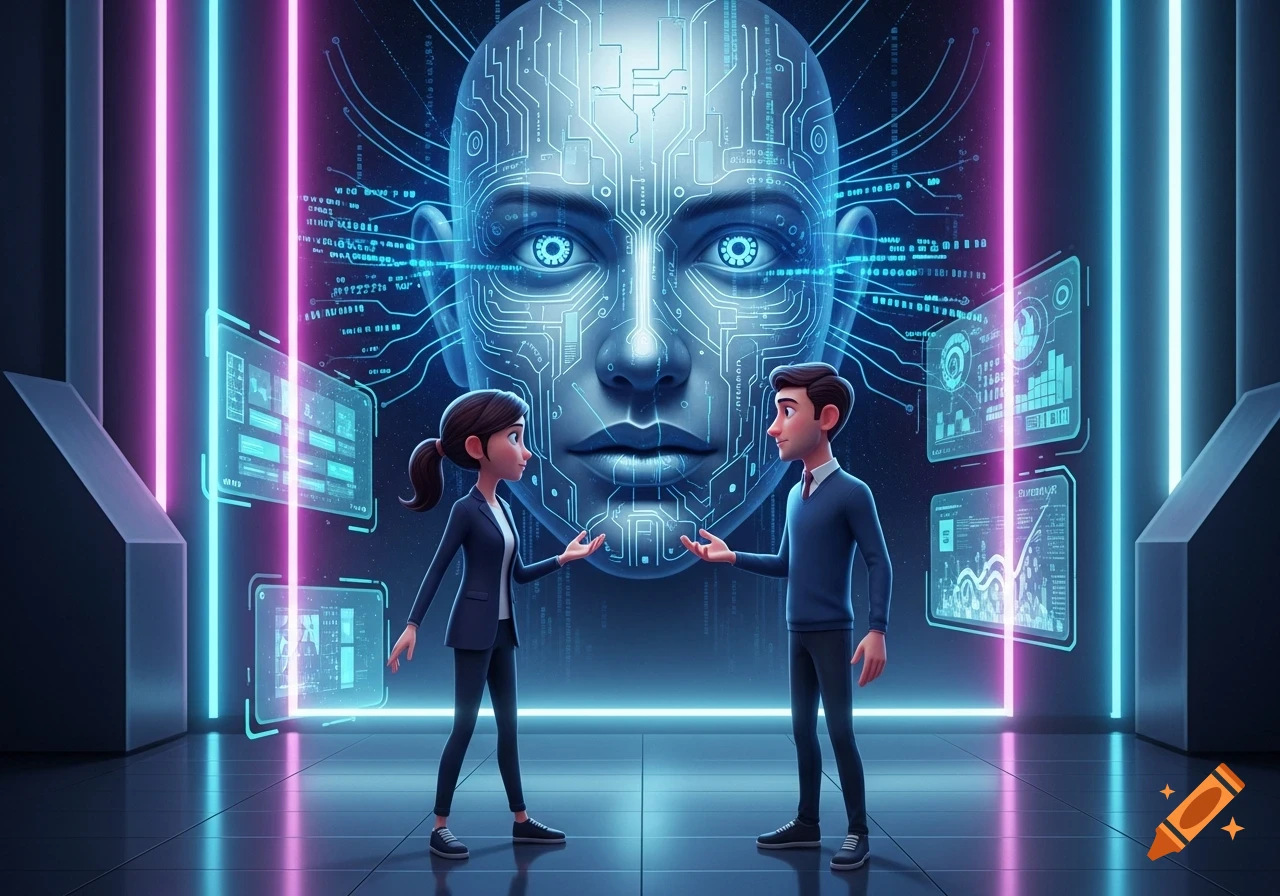 Two cartoon characters stand facing each other in a futuristic room with neon lights and holographic screens, with a large, circuit-patterned AI head in the background.