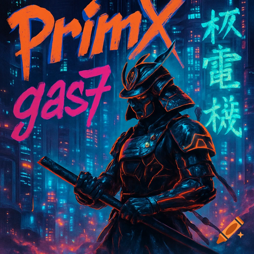 A futuristic samurai warrior stands in a neon-lit cyberpunk city, with glowing words "PrimX" and "gas7" above.