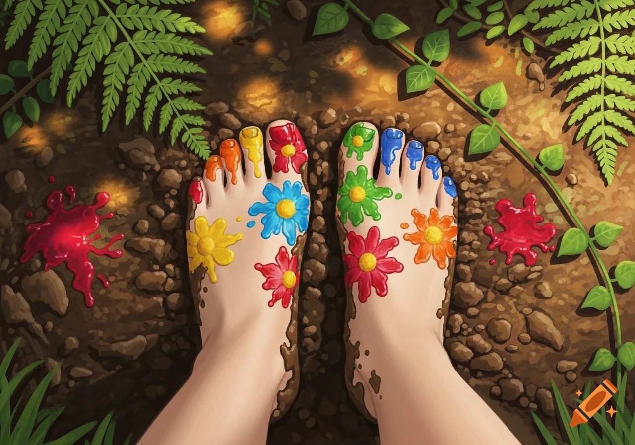 A top-down view of two bare feet covered in mud and brightly colored paint flowers, with painted toenails, resting on damp earth surrounded by green ferns and vines.