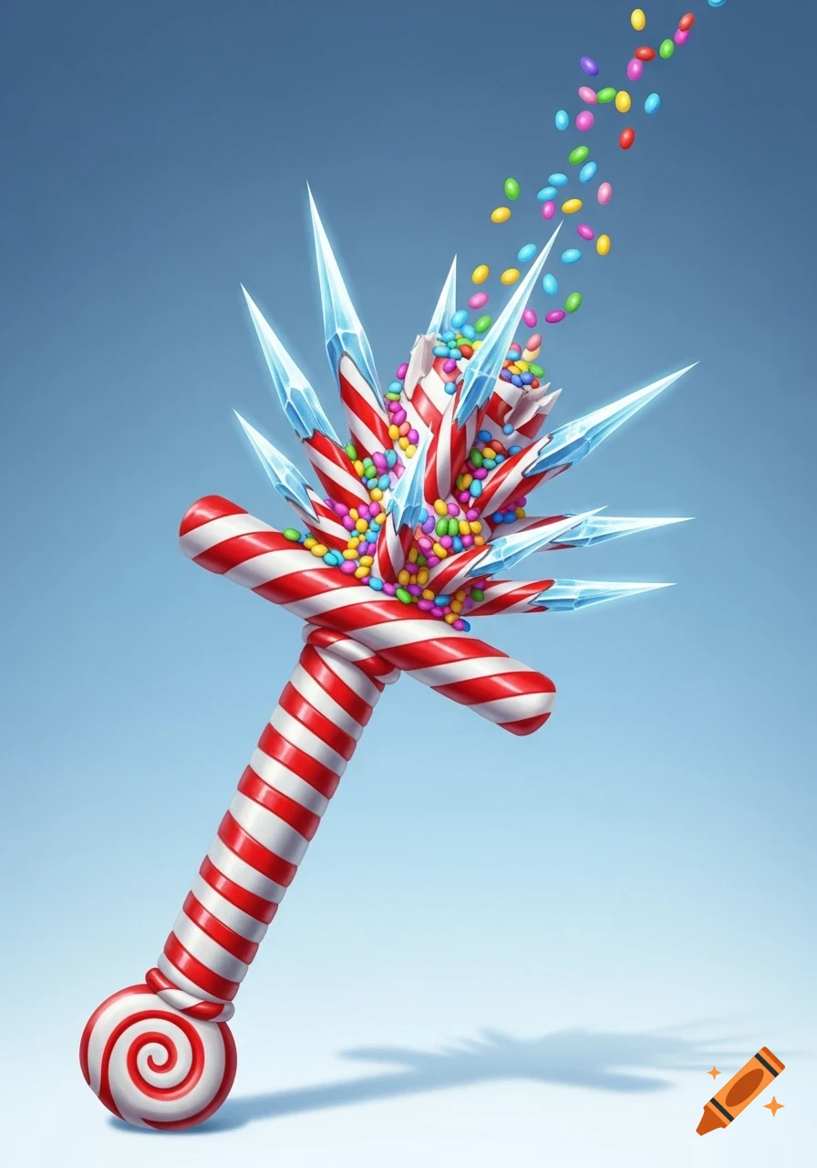 A stylized weapon resembling a candy cane club, adorned with colorful candies and sharp ice spikes, against a blue background.