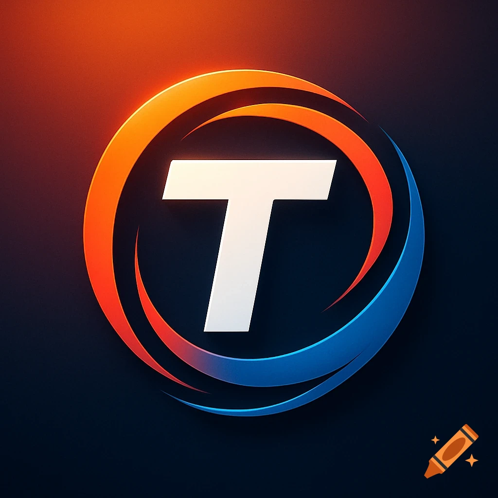 Modern logo with a white 'T' encircled by swirling orange and blue on a dark background.