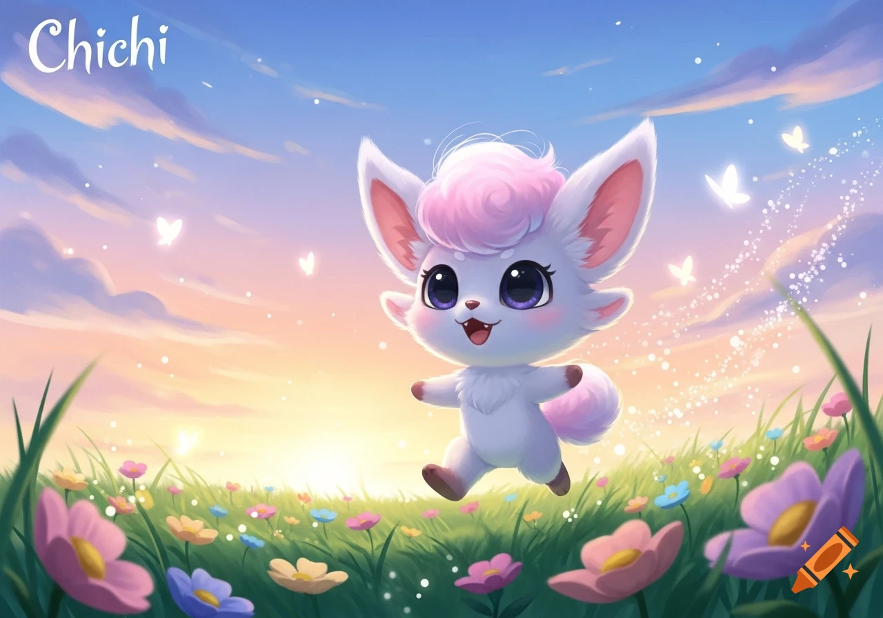 A cute, white, fluffy fantasy creature with pink hair hops in a colorful flower field at sunset, with 'Chichi' text.