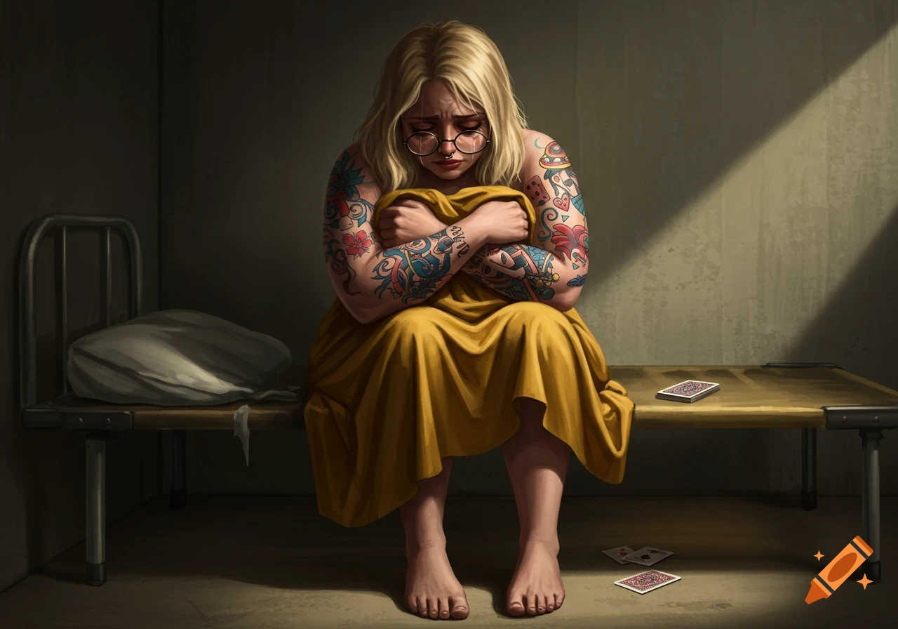 An illustration of a sad blonde woman with glasses and tattoos, clutching a yellow dress on a cot in a dim room with playing cards.